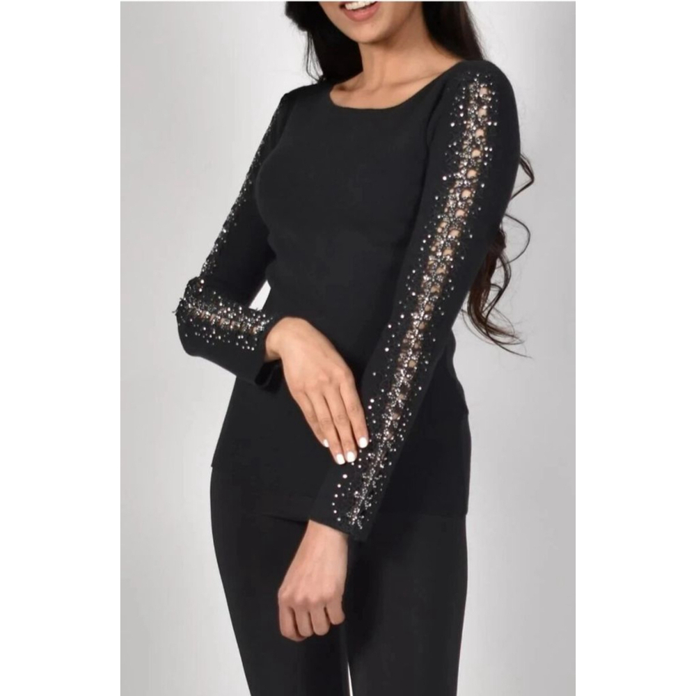 Frank Lyman Montreal Design Collection Embellished Knit Sweater in Black Onyx